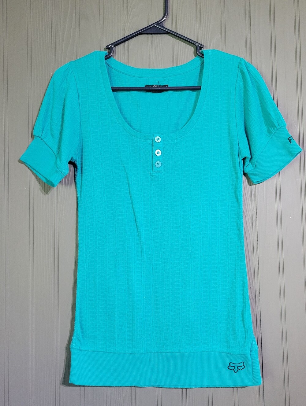 FOX Short Sleeve Knit Henley Shirt Round Neck Teal Women's Small - Picture 1 of 7